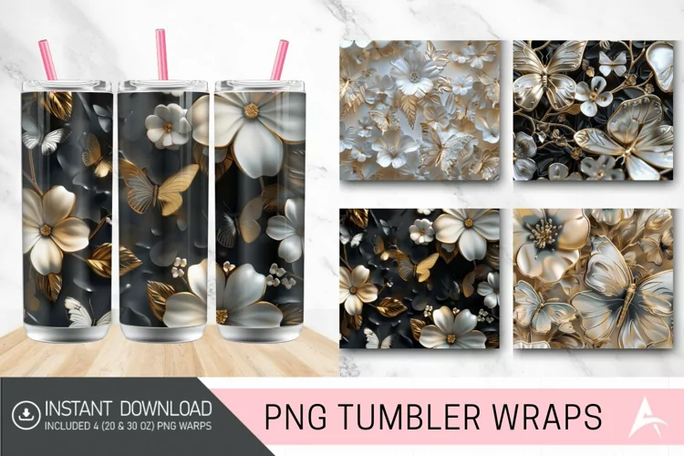 3D Metallic Butterflies & Flowers Tumbler wrap