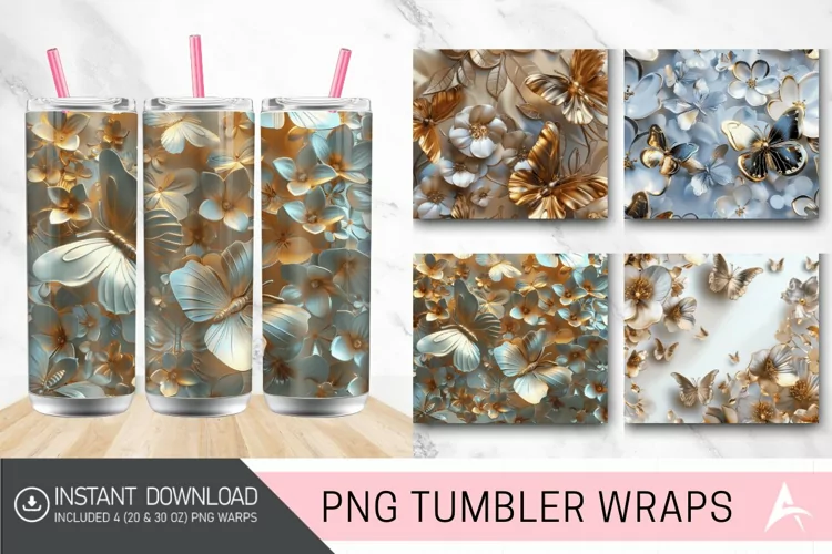 3D Metallic Butterflies & Flowers Tumbler wrap