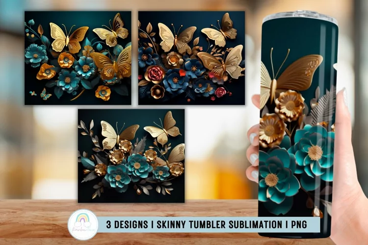 3D Metallic Butterflies Tumbler Sublimation 3D Tumbler Wrap