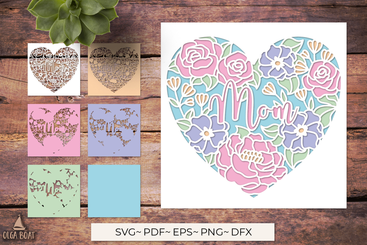 3D Mom Floral Heart SVG | Layered papercut card