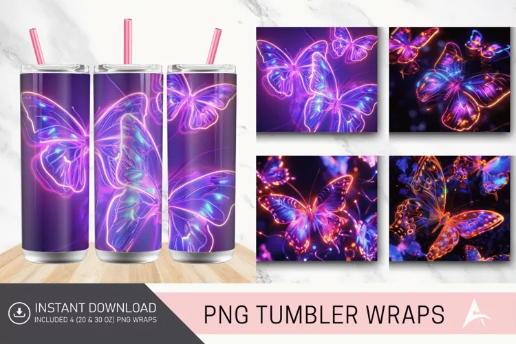 3D Neon Butterflies Tumbler Wrap
