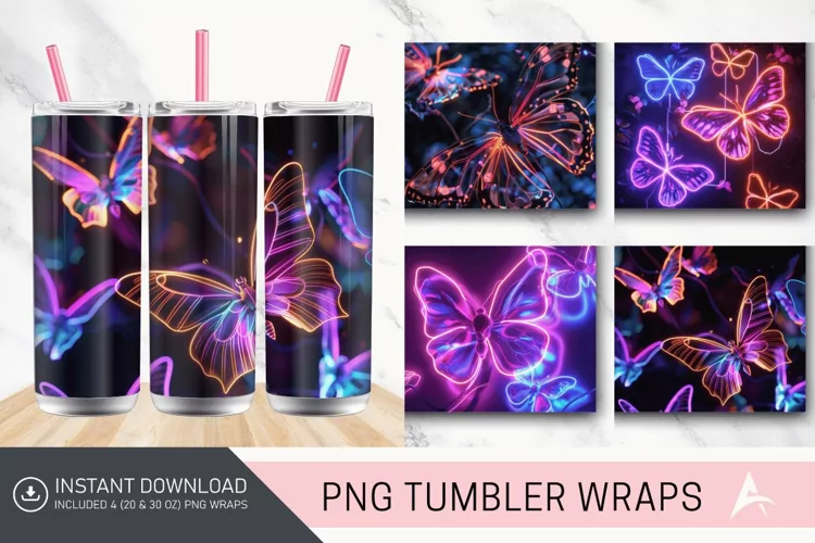 3D Neon Butterflies Tumbler Wrap