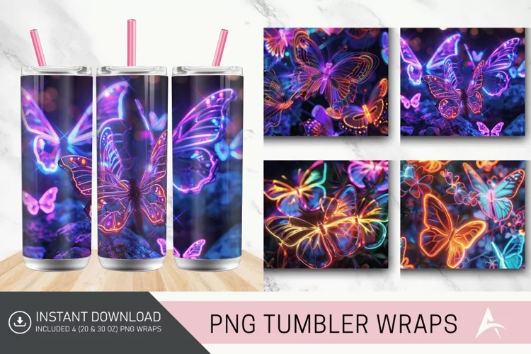 3D Neon Butterflies Tumbler Wrap