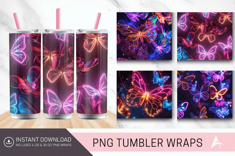 3D Neon Butterflies Tumbler Wrap