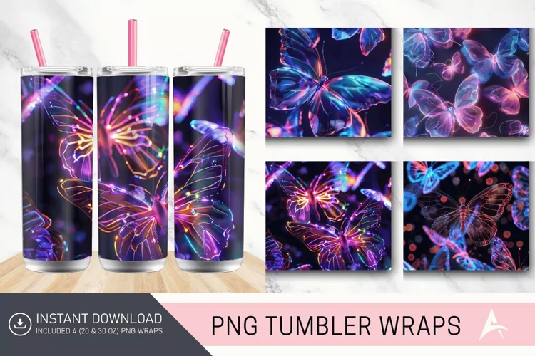 3D Neon Butterflies Tumbler Wrap