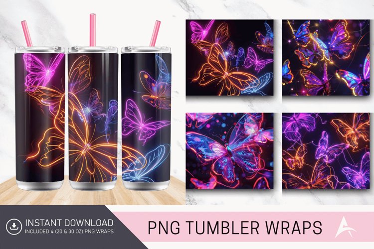 3D Neon Butterflies Tumbler Wrap example image 1