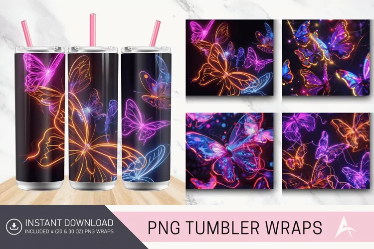 3D Neon Butterflies Tumbler Wrap