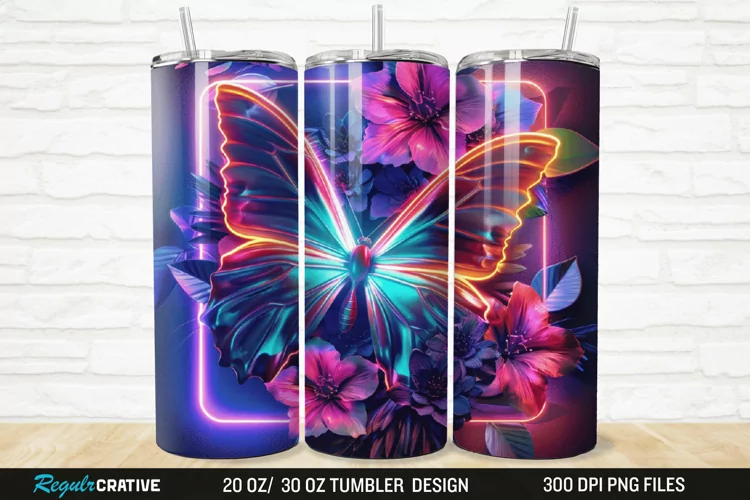 3D Neon Butterfly Floral 20/30oz Skinny Tumbler