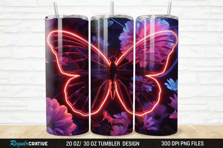 3D Neon Butterfly Floral 20/30oz Skinny Tumbler