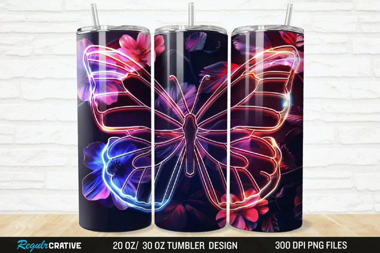 3D Neon Butterfly Floral 20/30oz Skinny Tumbler