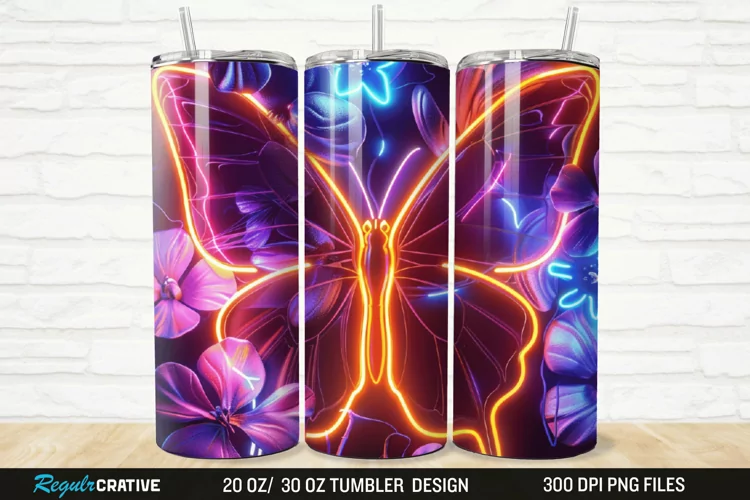 3D Neon Butterfly Floral 20/30oz Skinny Tumbler