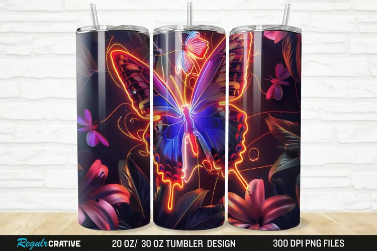 3D Neon Butterfly Floral 20/30oz Skinny Tumbler