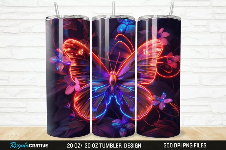 3D Neon Butterfly Floral 20/30oz Skinny Tumbler