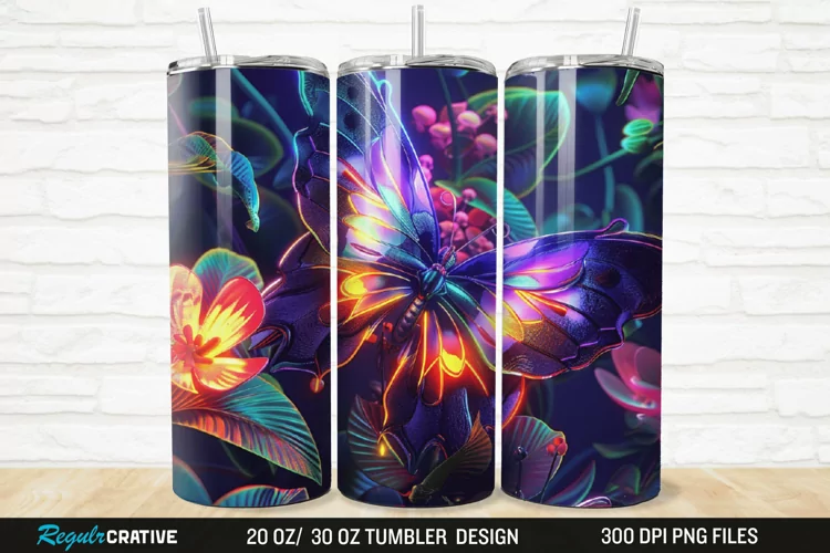 3D Neon Butterfly Floral 20/30oz Skinny Tumbler