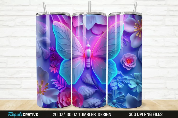 3D Neon Butterfly Floral 20/30oz Skinny Tumbler