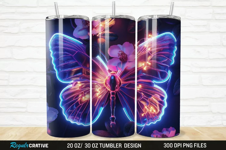 3D Neon Butterfly Floral 20/30oz Skinny Tumbler