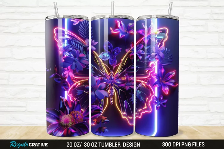 3D Neon Butterfly Floral 20/30oz Skinny Tumbler