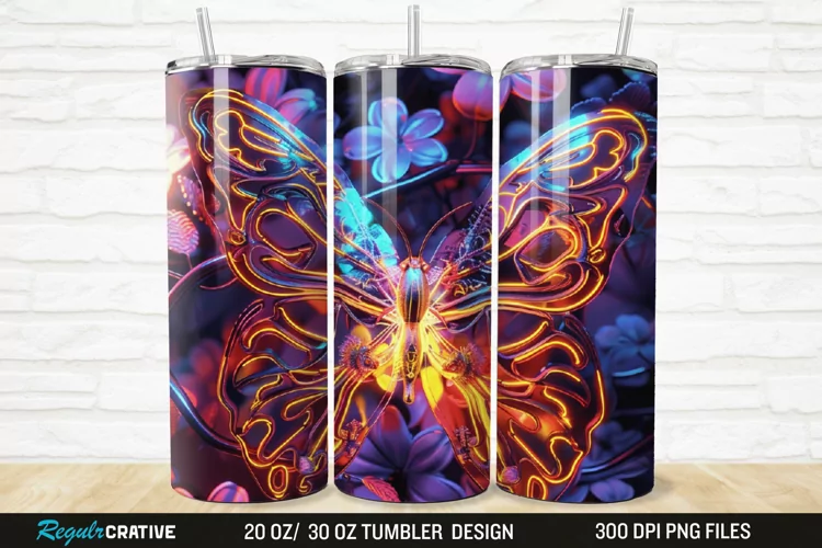 3D Neon Butterfly Floral 20/30oz Skinny Tumbler