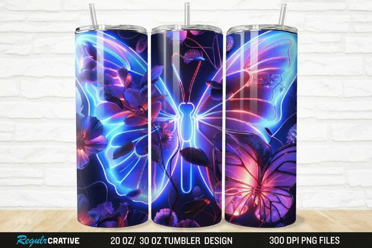 3D Neon Butterfly Floral 20/30oz Skinny Tumbler