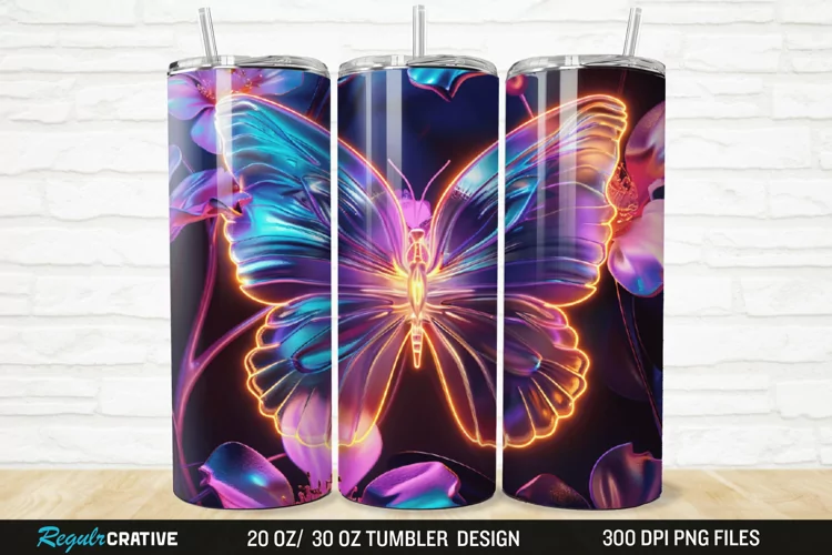 3D Neon Butterfly Floral 20/30oz Skinny Tumbler