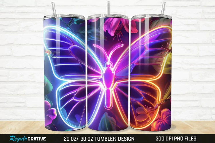3D Neon Butterfly Floral 20/30oz Skinny Tumbler