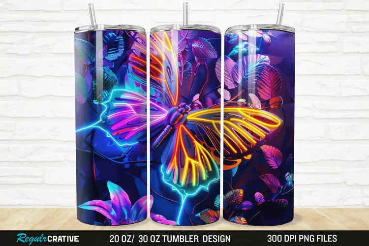 3D Neon Butterfly Floral 20/30oz Skinny Tumbler