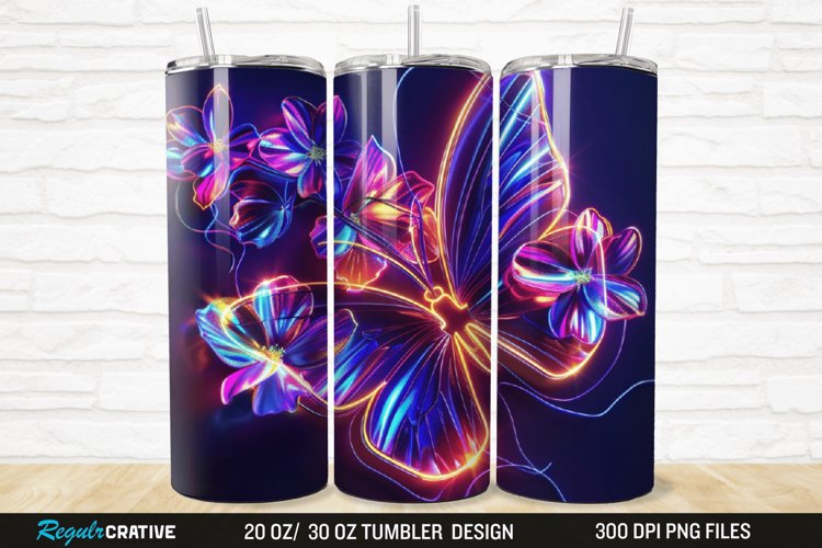3D Neon Butterfly Floral 20/30oz Skinny Tumbler example image 1