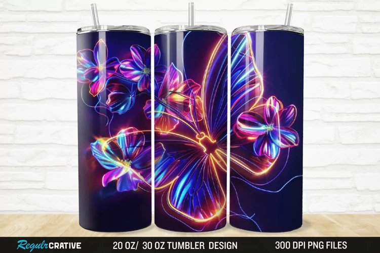 3D Neon Butterfly Floral 20/30oz Skinny Tumbler