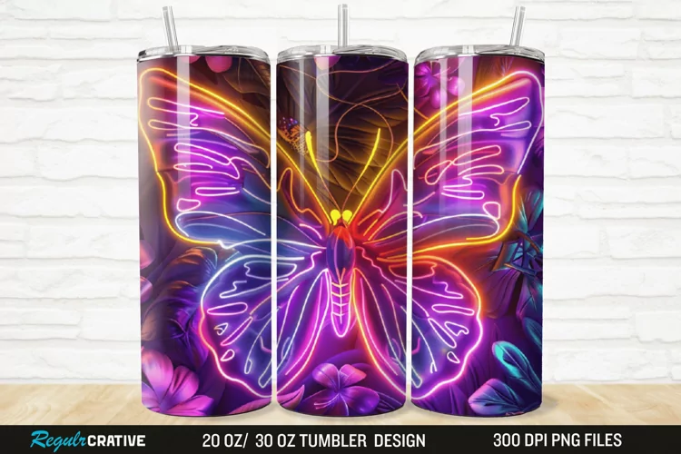 3D Neon Butterfly Floral 20/30oz Skinny Tumbler