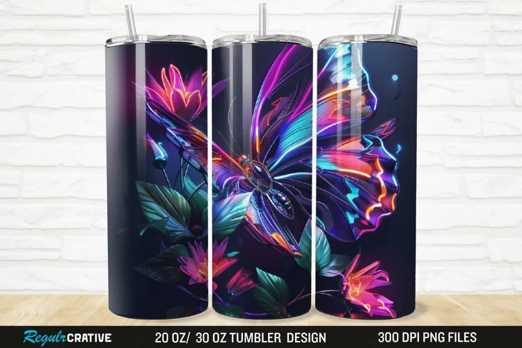 3D Neon Butterfly Floral 20/30oz Skinny Tumbler