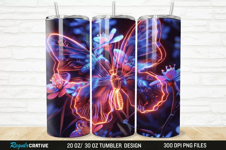 3D Neon Butterfly Floral 20/30oz Skinny Tumbler