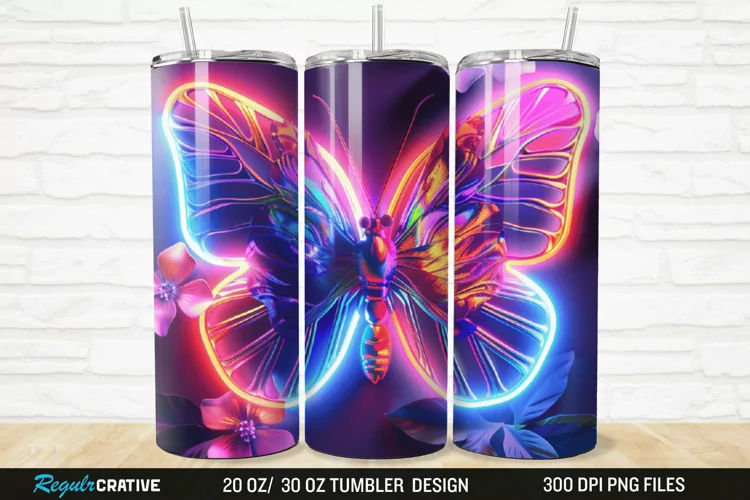 3D Neon Butterfly Floral 20/30oz Skinny Tumbler