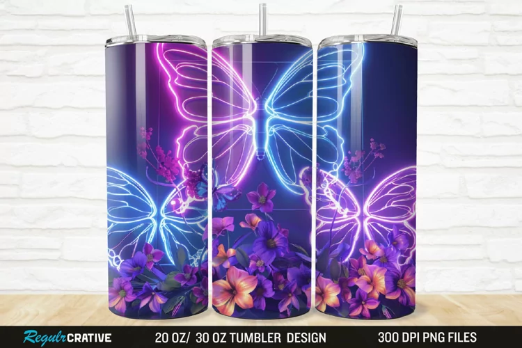 3D Neon Butterfly Floral 20/30oz Skinny Tumbler