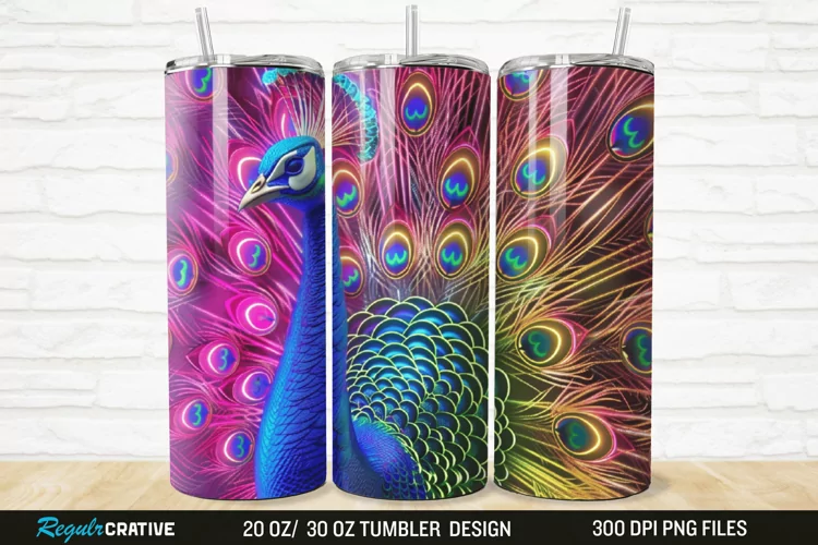3D Neon Peacock Rainbow 20/30oz Skinny Tumbler