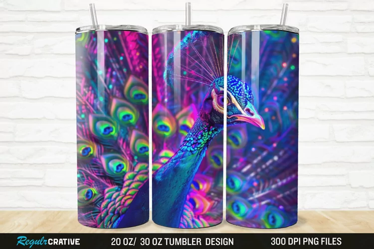 3D Neon Peacock Rainbow 20/30oz Skinny Tumbler