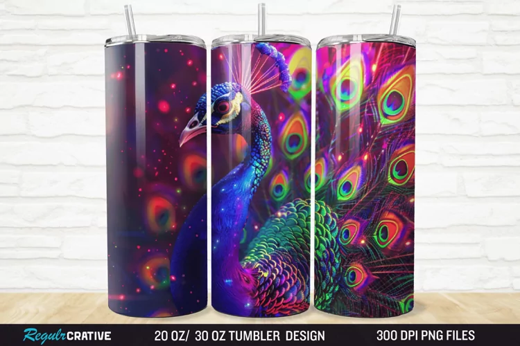 3D Neon Peacock Rainbow 20/30oz Skinny Tumbler