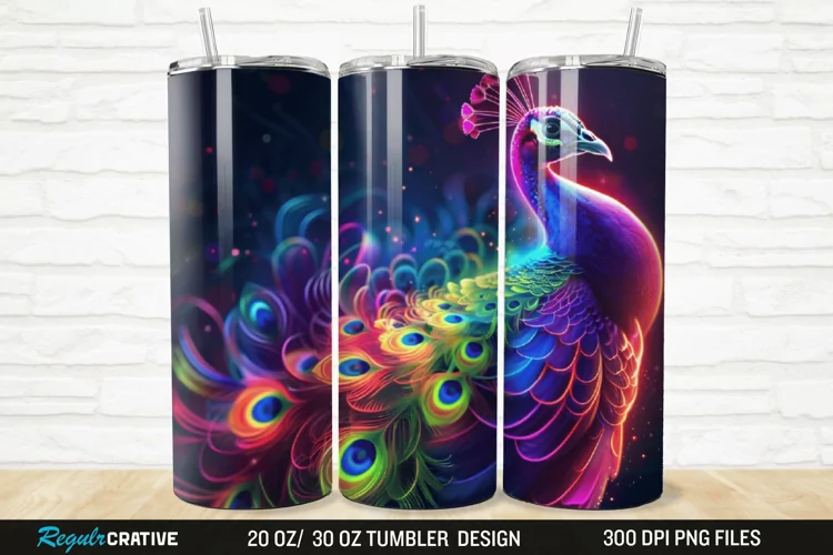 3D Neon Peacock Rainbow 20/30oz Skinny Tumbler