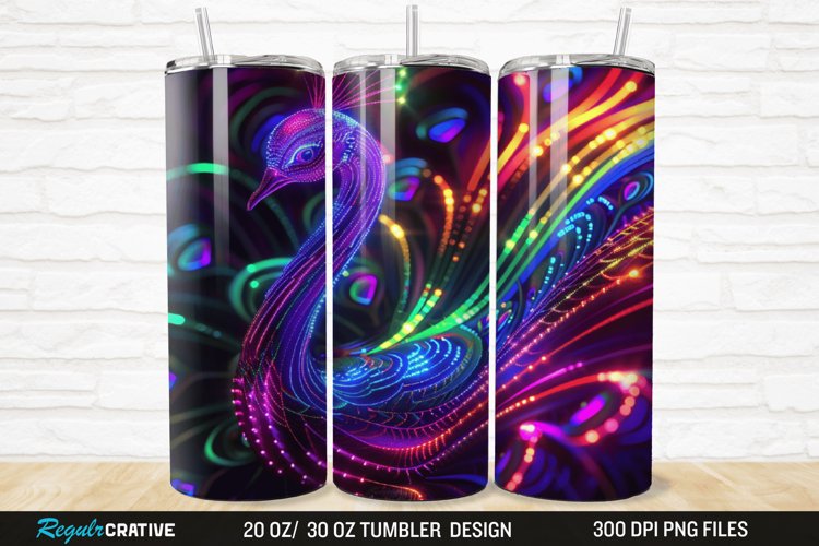 3D Neon Peacock Rainbow 20/30oz Skinny Tumbler example image 1