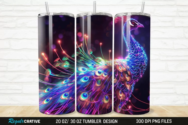 3D Neon Peacock Rainbow 20/30oz Skinny Tumbler