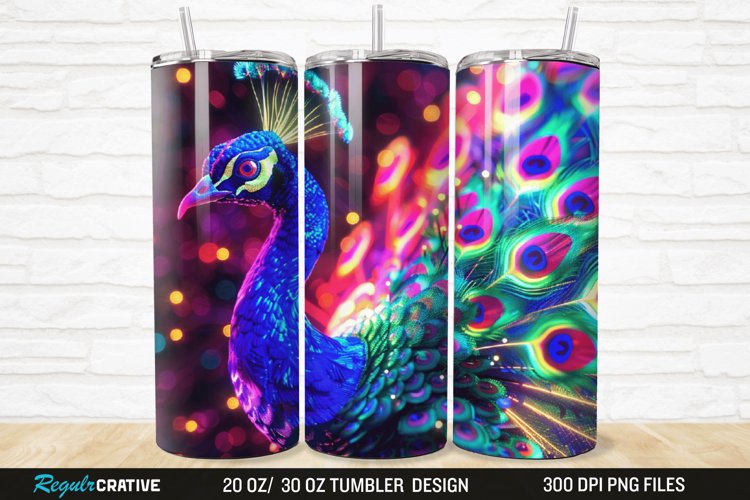 3D Neon Peacock Rainbow 20/30oz Skinny Tumbler example image 1