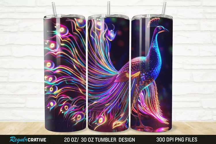 3D Neon Peacock Rainbow 20/30oz Skinny Tumbler