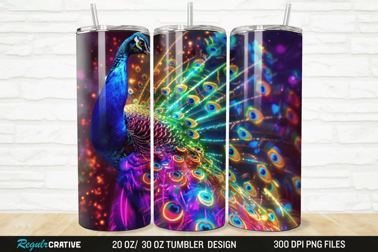 3D Neon Peacock Rainbow 20/30oz Skinny Tumbler