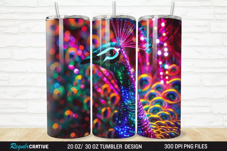 3D Neon Peacock Rainbow 20/30oz Skinny Tumbler