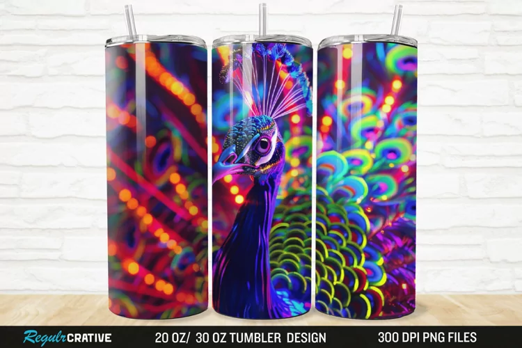 3D Neon Peacock Rainbow 20/30oz Skinny Tumbler