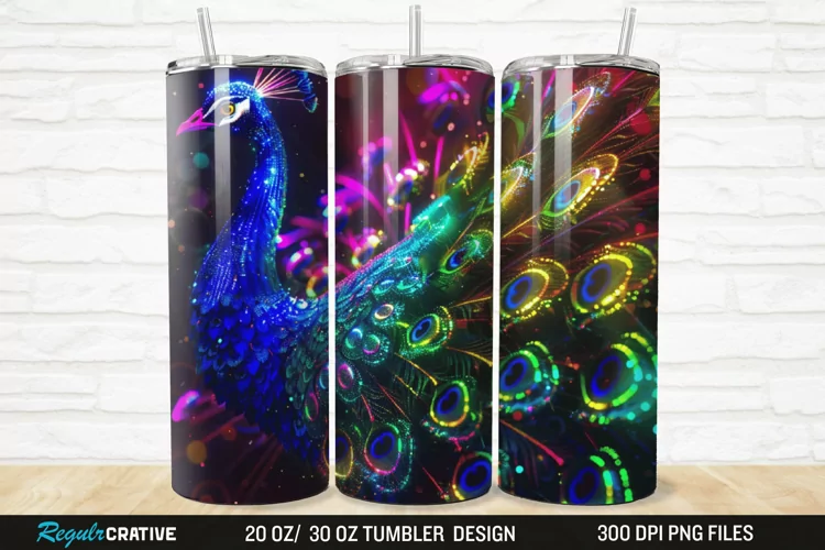 3D Neon Peacock Rainbow 20/30oz Skinny Tumbler