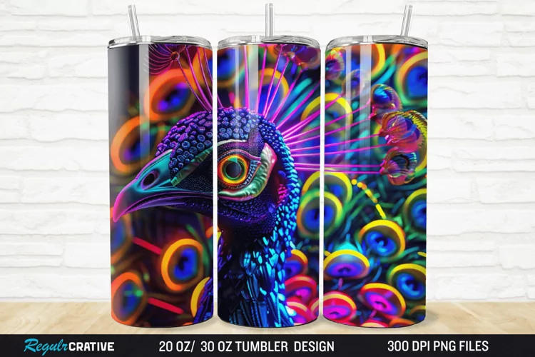 3D Neon Peacock Rainbow 20/30oz Skinny Tumbler