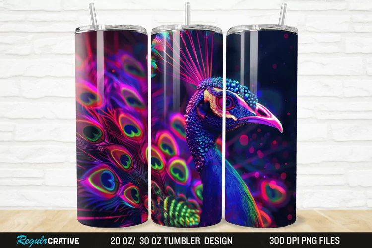 3D Neon Peacock Rainbow 20/30oz Skinny Tumbler