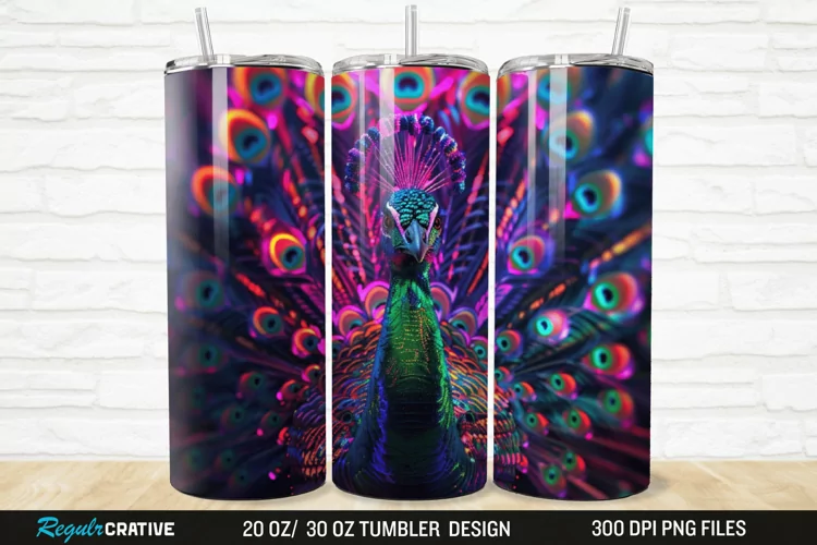3D Neon Peacock Rainbow 20/30oz Skinny Tumbler
