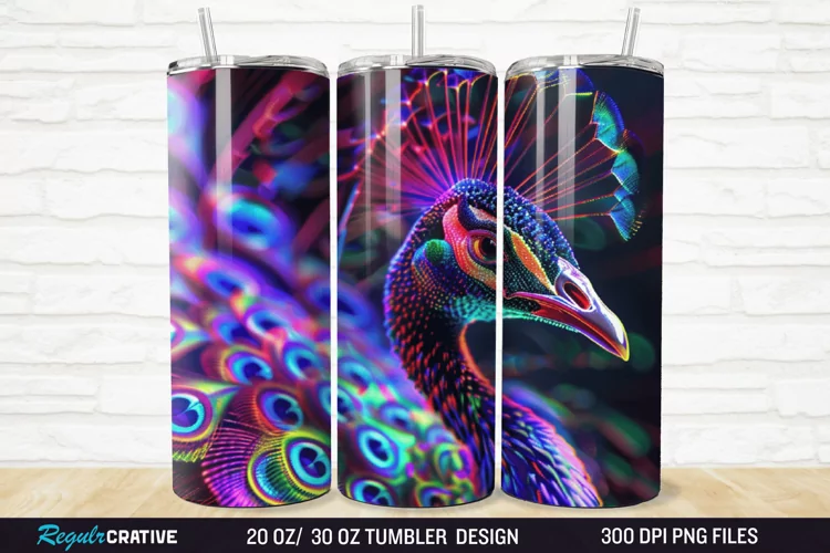 3D Neon Peacock Rainbow 20/30oz Skinny Tumbler