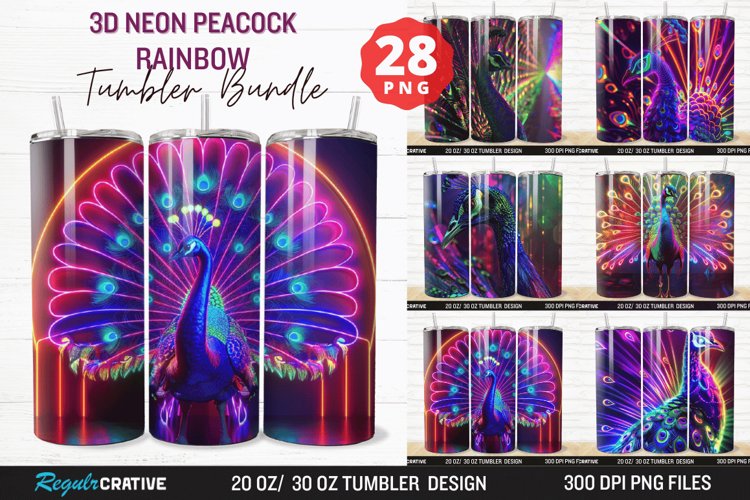 3D Neon Peacock Rainbow Tumbler Bundle